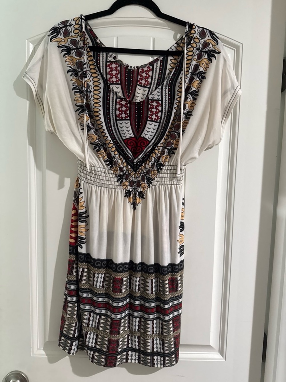 Bohemian Embroidered V-Neck Dress - Cream with Red & Black Print